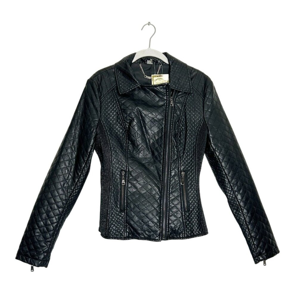Paparazzi Quilted Faux Leather Moto Biker Jacket in Black - Sz S - New